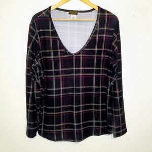 Forbidden Society Plaid V-Neck Pullover Top-Size XL-Long Sleeve-Academia-Grunge